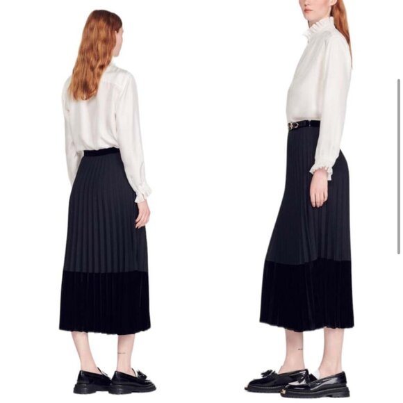 Sandro Velna Velvet-Detail Pleated Skirt XS 0/XS - Picture 10 of 16